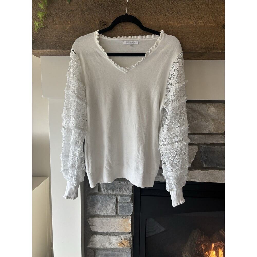 Sioni Milano Sweater Women‎ L White Sheer Lace Bishop Sleeves Boho Beachy Fairy